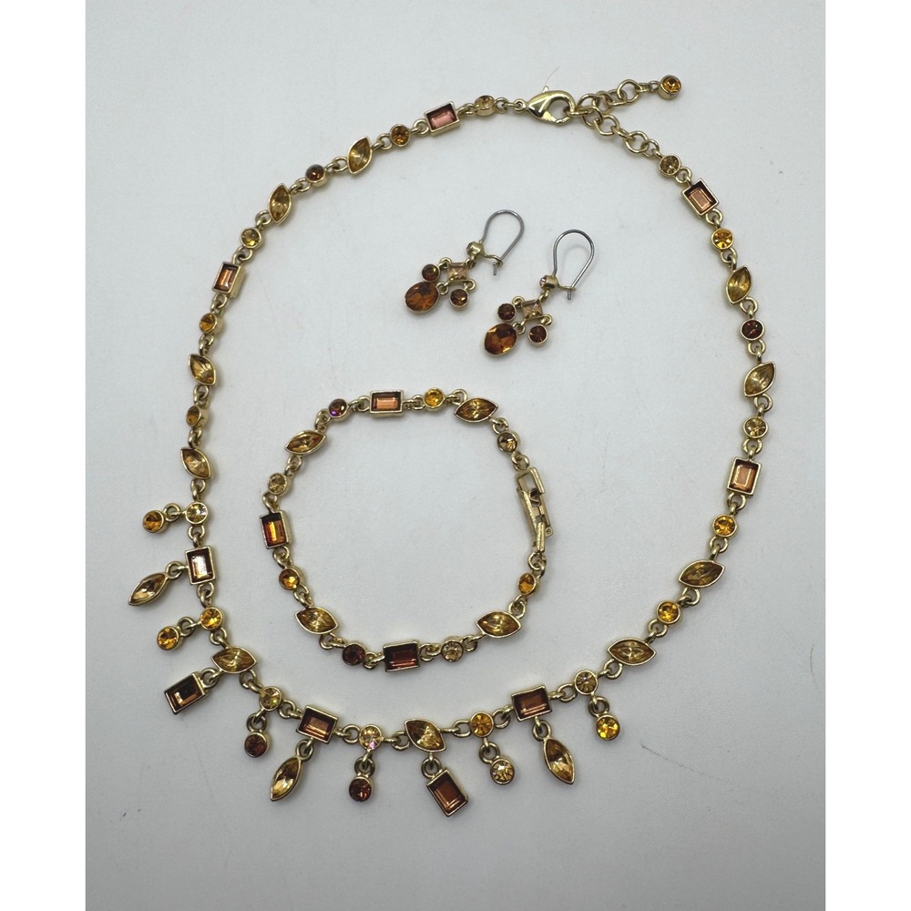 Gold Tone Amber Topaz Crystal Necklace Bracelet Earrings Jewelry Set 90s Fashion